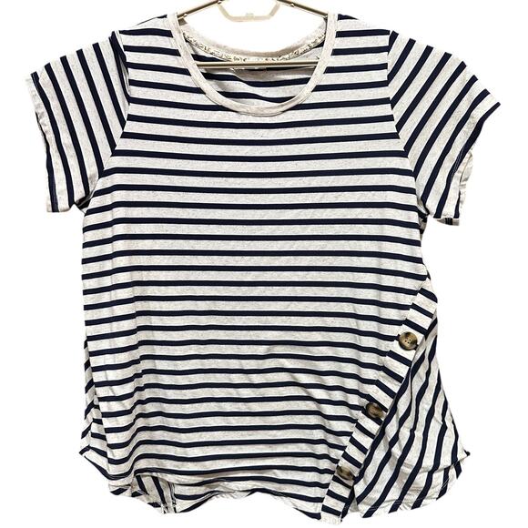 89th Madison Women Top 1X Beige Blue Striped Short Sleeve Rayon Blend Minimalist - Picture 1 of 8